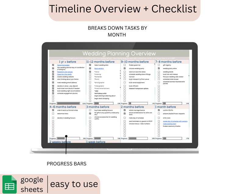 May include: A laptop screen displaying a wedding planning overview in a spreadsheet format. The screen shows a timeline with tasks broken down by month, with progress bars and the text "Timeline Overview + Checklist". The bottom left corner says "google sheets easy to use".
