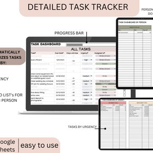 May include: A detailed task tracker displayed on a laptop and two tablets. The laptop screen shows a task dashboard with columns for tasks, due dates, and urgency. The tablets display task lists by person and urgency. Text includes "Detailed Task Tracker" and "Automatically organizes tasks by: Urgency, To do lists for each person."
