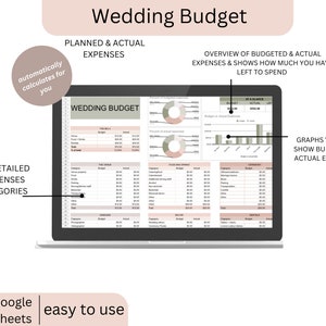May include: A laptop screen displaying a "Wedding Budget" spreadsheet. The spreadsheet shows planned and actual expenses, with graphs and 10 detailed expense categories. Text includes "automatically calculates for you" and "easy to use."