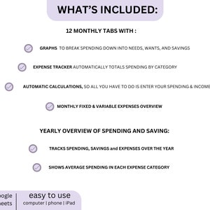 May include: A checklist of features included in a 12-month budget spreadsheet. The spreadsheet includes graphs to break down spending, an expense tracker, automatic calculations, a monthly overview of fixed and variable expenses, and a yearly overview of spending and savings.
