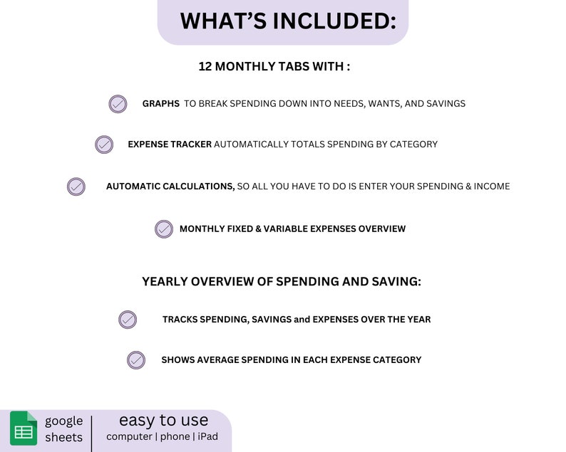 May include: A checklist of features included in a 12-month budget spreadsheet. The spreadsheet includes graphs to break down spending, an expense tracker, automatic calculations, a monthly overview of fixed and variable expenses, and a yearly overview of spending and savings.