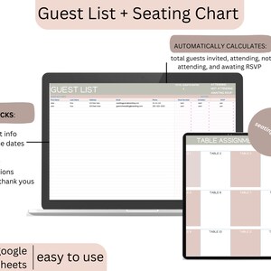 May include: A digital wedding planning template displayed on a laptop and tablet. The screens show a guest list and seating chart, with features for contact info, RSVPs, and dietary restrictions. Text reads "Guest List + Seating Chart" and "easy to use."