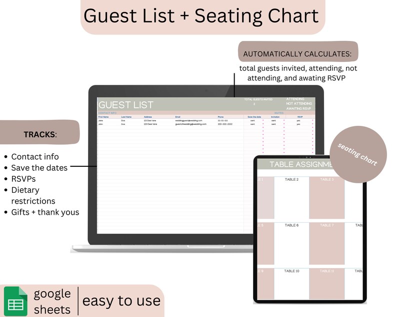 May include: A digital wedding planning template displayed on a laptop and tablet. The screens show a guest list and seating chart, with features for contact info, RSVPs, and dietary restrictions. Text reads "Guest List + Seating Chart" and "easy to use."