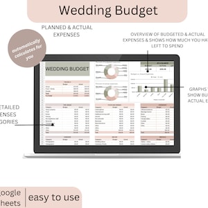 May include: A laptop screen displaying a wedding budget spreadsheet with 10 detailed expense categories. The spreadsheet includes graphs that visually show the budget and actual expenses. The text "Wedding Budget" is at the top of the screen. The text "automatically calculates for you" is in a circle on the left side of the screen. The text "google sheets easy to use" is at the bottom of the screen.