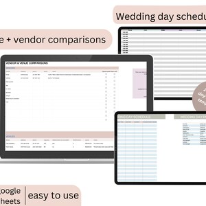 May include: A digital wedding planning template displayed on a laptop and two tablets. The screens show vendor comparisons and wedding day schedules. Text includes "Venue + vendor comparisons", "Wedding day schedule", "google sheets", and "easy to use".