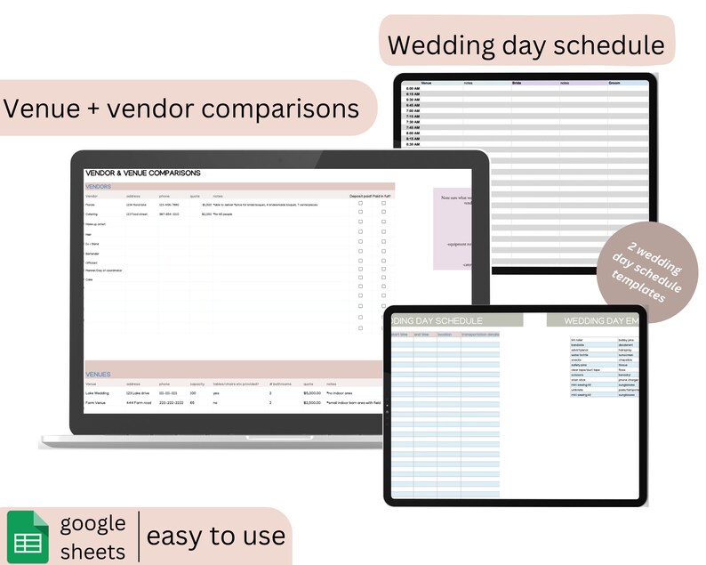 May include: A digital wedding planning template displayed on a laptop and two tablets. The screens show vendor comparisons and wedding day schedules. Text includes "Venue + vendor comparisons", "Wedding day schedule", "google sheets", and "easy to use".