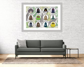 New Zealand Birds Print + Kea + Kiwi + Tui + Kaka + Saddleback + Kokako