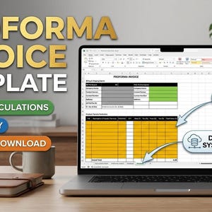 May include: A laptop displays a Proforma Invoice Template with features like auto calculations and GST readiness. The screen shows a spreadsheet with automatic formulas and database system linking. The image includes a notebook, mug, and the text "Instant Download."