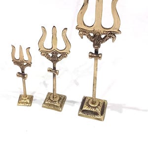 Brass Trishul with Stand – Set of 3 | Divine Hindu Trident for Home & Temple Décor
