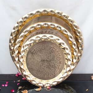 Brass Serving Tray Set: Floral Design, Elegant Home Decor (10, 12, 14 inch