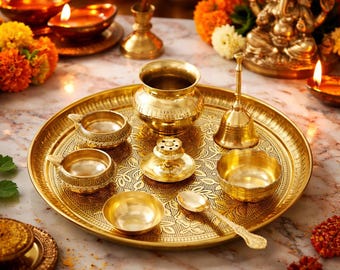 Brass Pooja Thali Set Diwali Puja Plate with Kalash, Spoon & Diya 10"