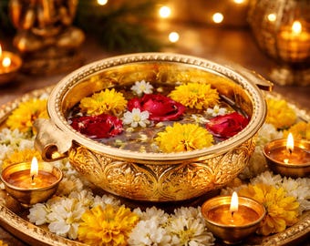 Cuenco Urli de latón: decoración tradicional india, recipiente floral de 6 pulgadas