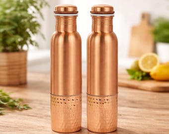 Botella de agua de cobre puro: diseño martillado, tapa antifugas (1 litro, juego de 2)