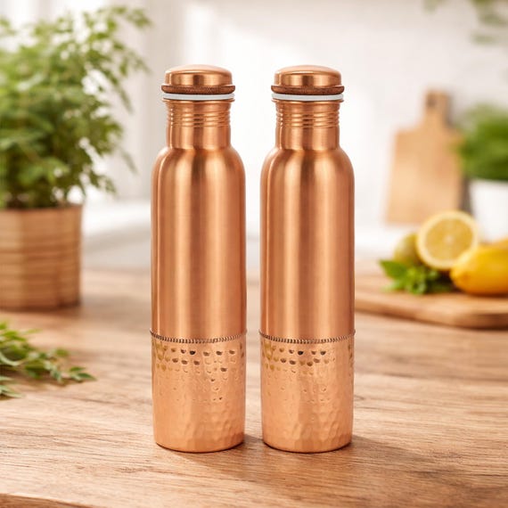 純銅製 Solid copper ヴィンテージ 銅製 ポット 水差し 槌目 純銅製ウォーターボトル：槌目模様、漏れ防止蓋（1リットル、2個セット