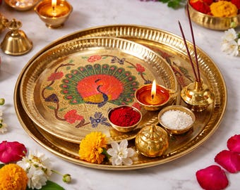 Handmade Brass Peacock Tray Set: Indian Pooja Decor (8,10,11 Inch)