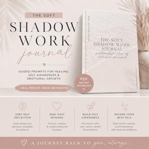 Könnte beinhalten: Ein Journal mit dem Titel "The Soft Shadow Work Journal" mit geführten Anregungen für Heilung, Selbstbewusstsein und emotionales Wachstum. Das Cover zeigt den Titel und ein minimalistisches Design. Enthält eine PDF-Option zum sofortigen Download. Das Thema des Journals ist Selbstreflexion.