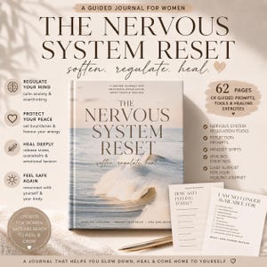 May include: A self-help journal titled "The Nervous System Reset" with the text "soften, regulate, heal." The cover shows a wave image. The journal offers 62 pages of prompts, tools, and exercises for emotional regulation and inner peace.