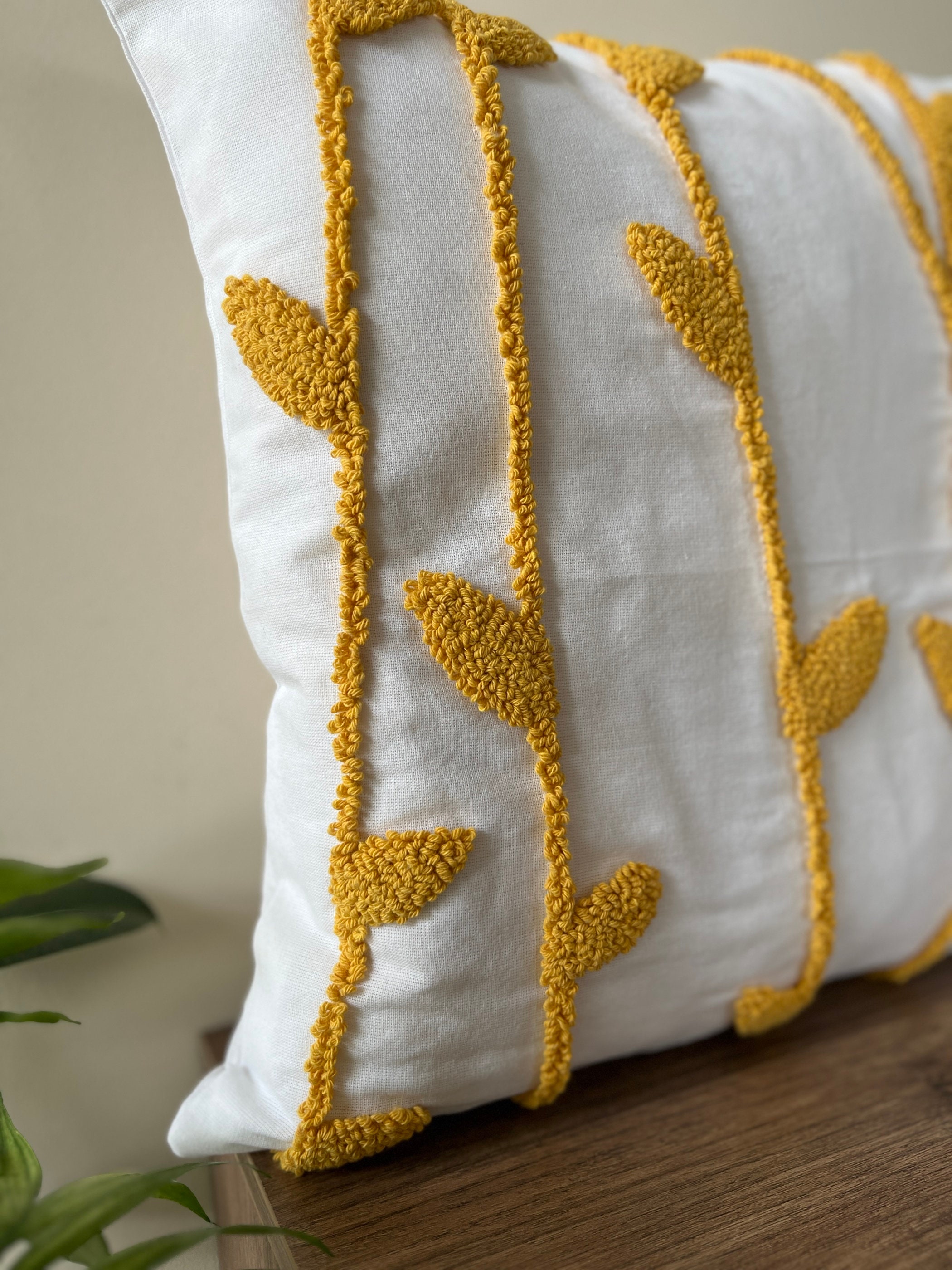 Natureinspired Punch Needle Pillow Case, Mini Leaf Design, Handwoven