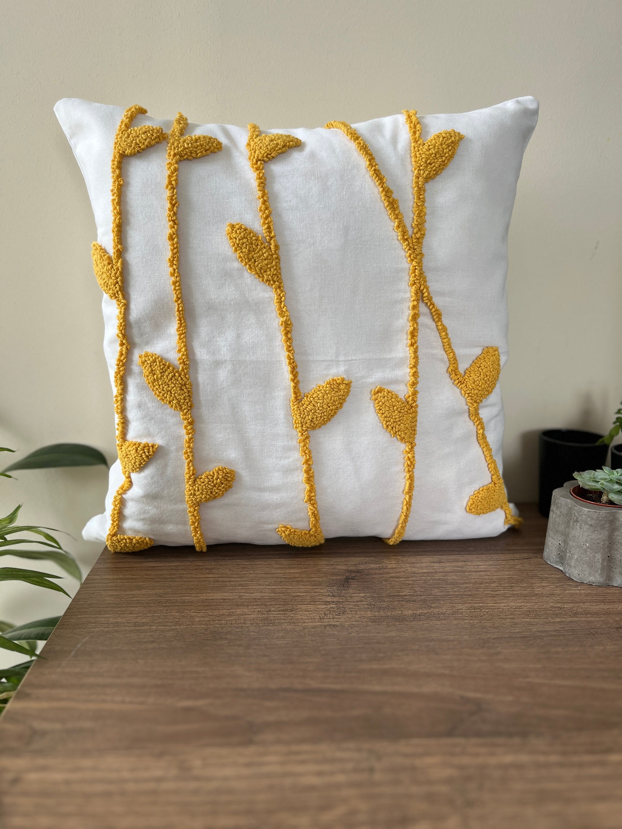 Natureinspired Punch Needle Pillow Case, Mini Leaf Design, Handwoven