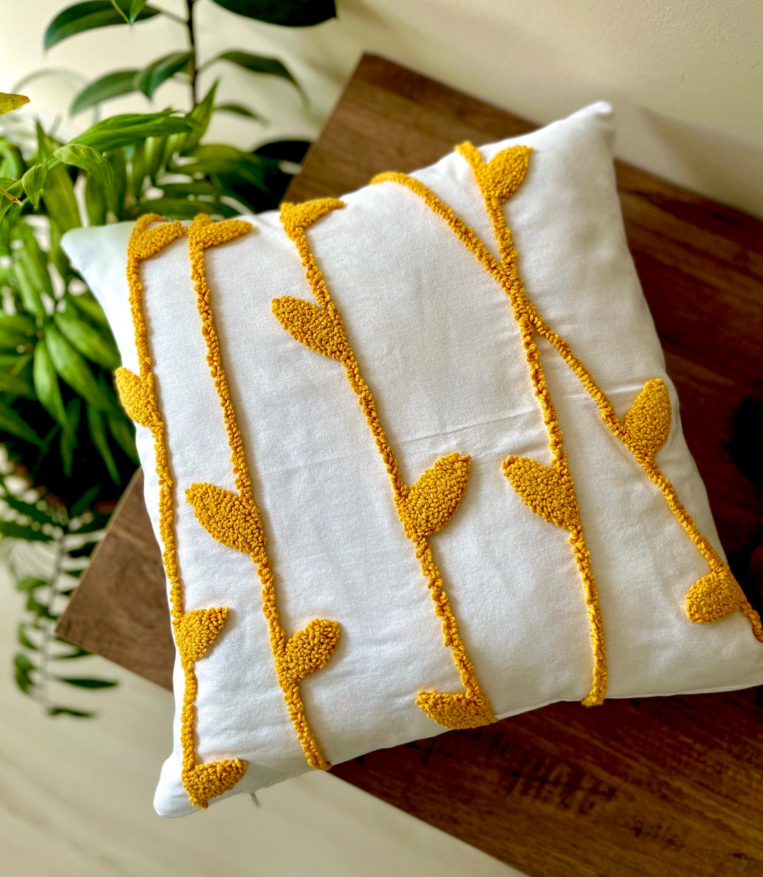 Natureinspired Punch Needle Pillow Case, Mini Leaf Design, Handwoven
