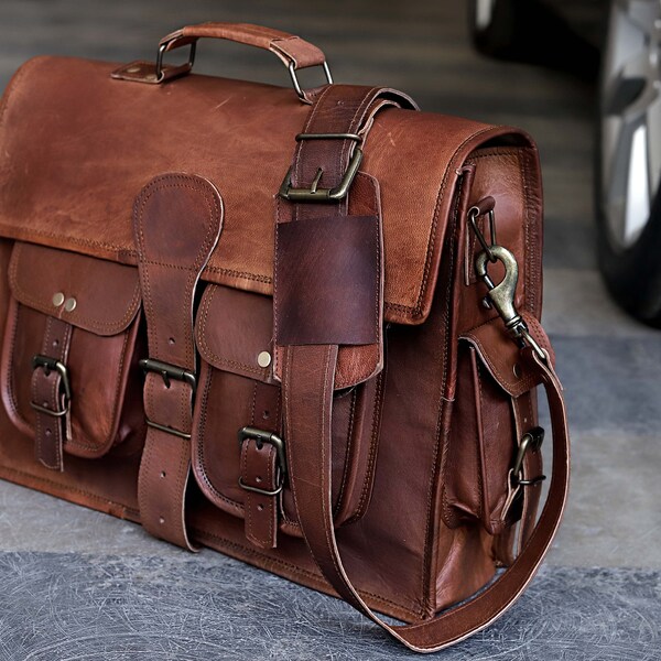 18 inch Large Retro full grain genuine Hunter Leather Laptop Messenger Bag Satchel Bag Office Briefcase College bag gift for men for women