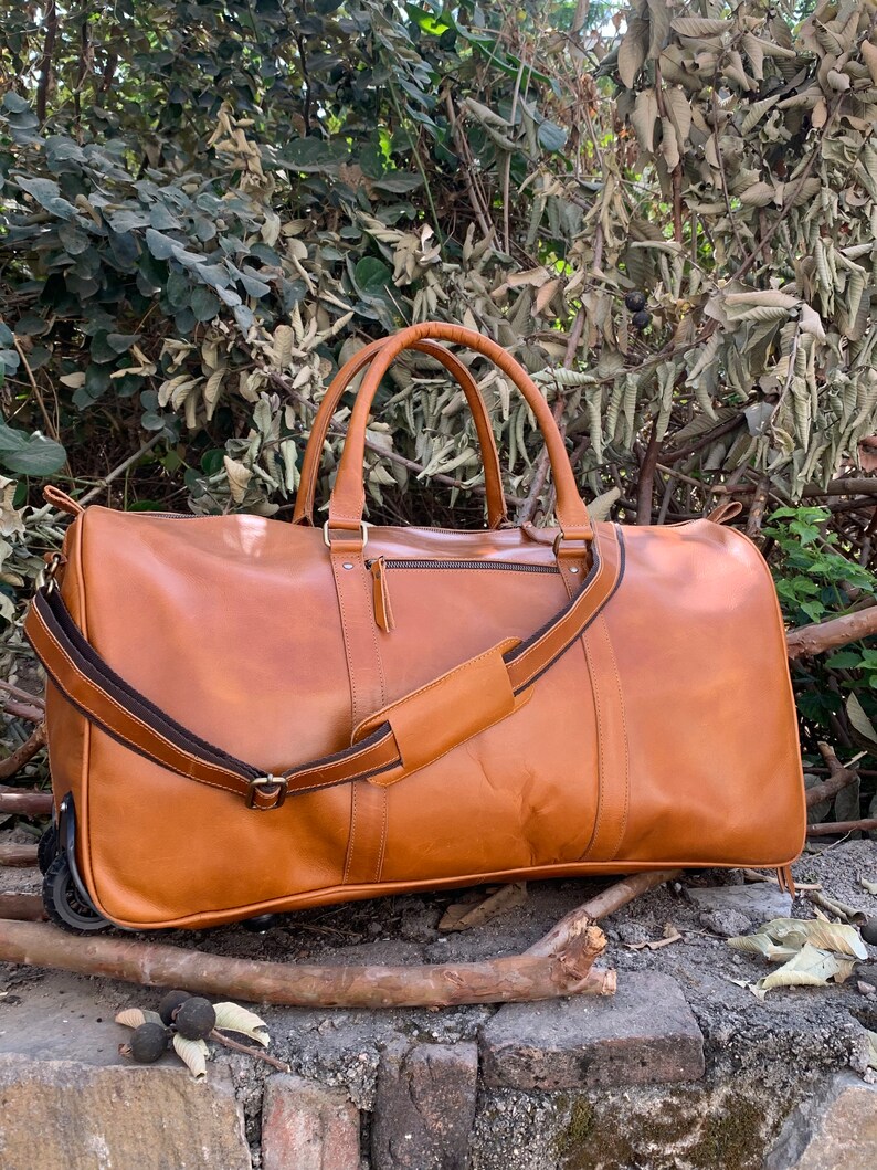 Tan Leather Trolley Travel Duffel Bag for Men & Women 24inch Travel