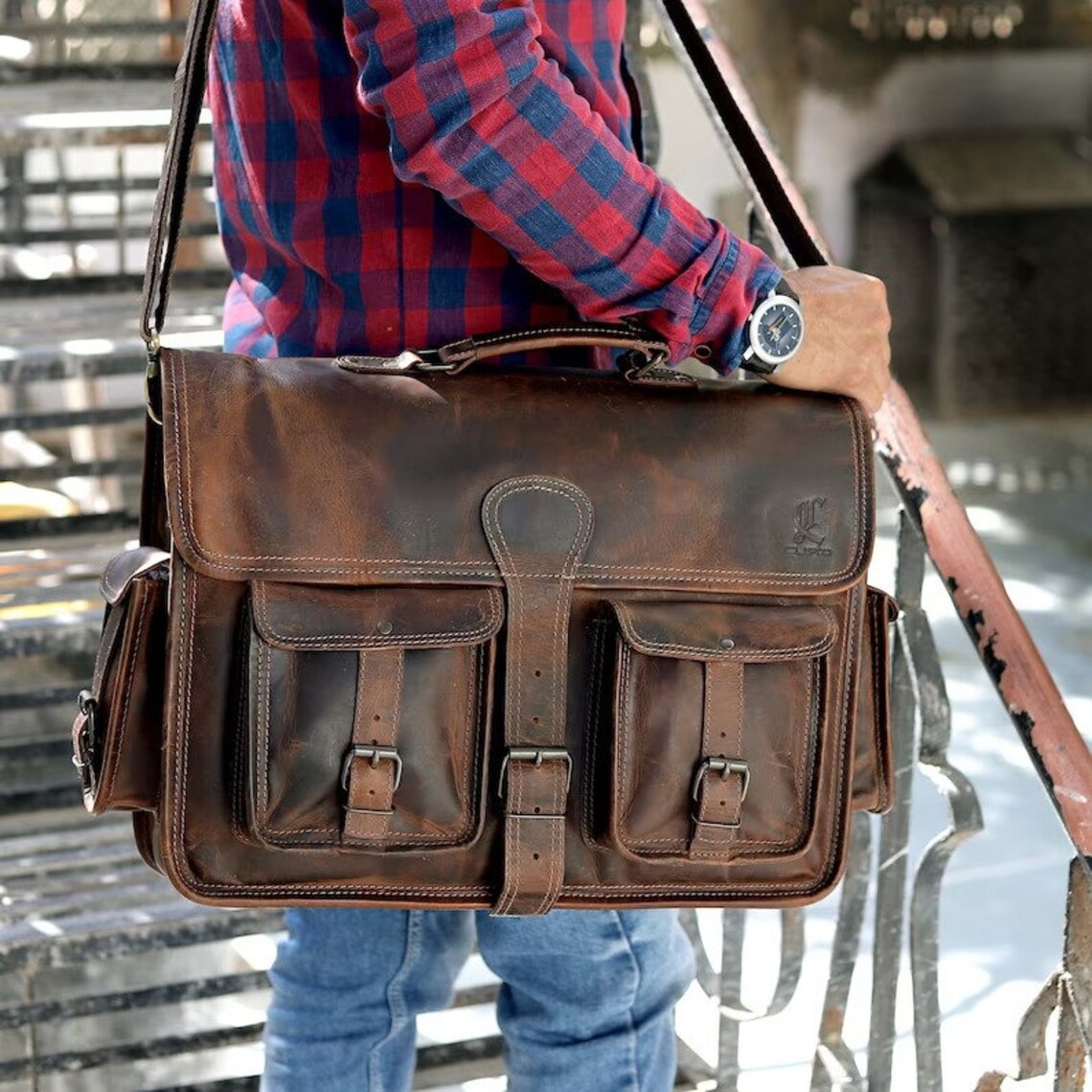 18 Inches Handmade Buffalo Leather Bag, Laptop Messengers Bag, Leather