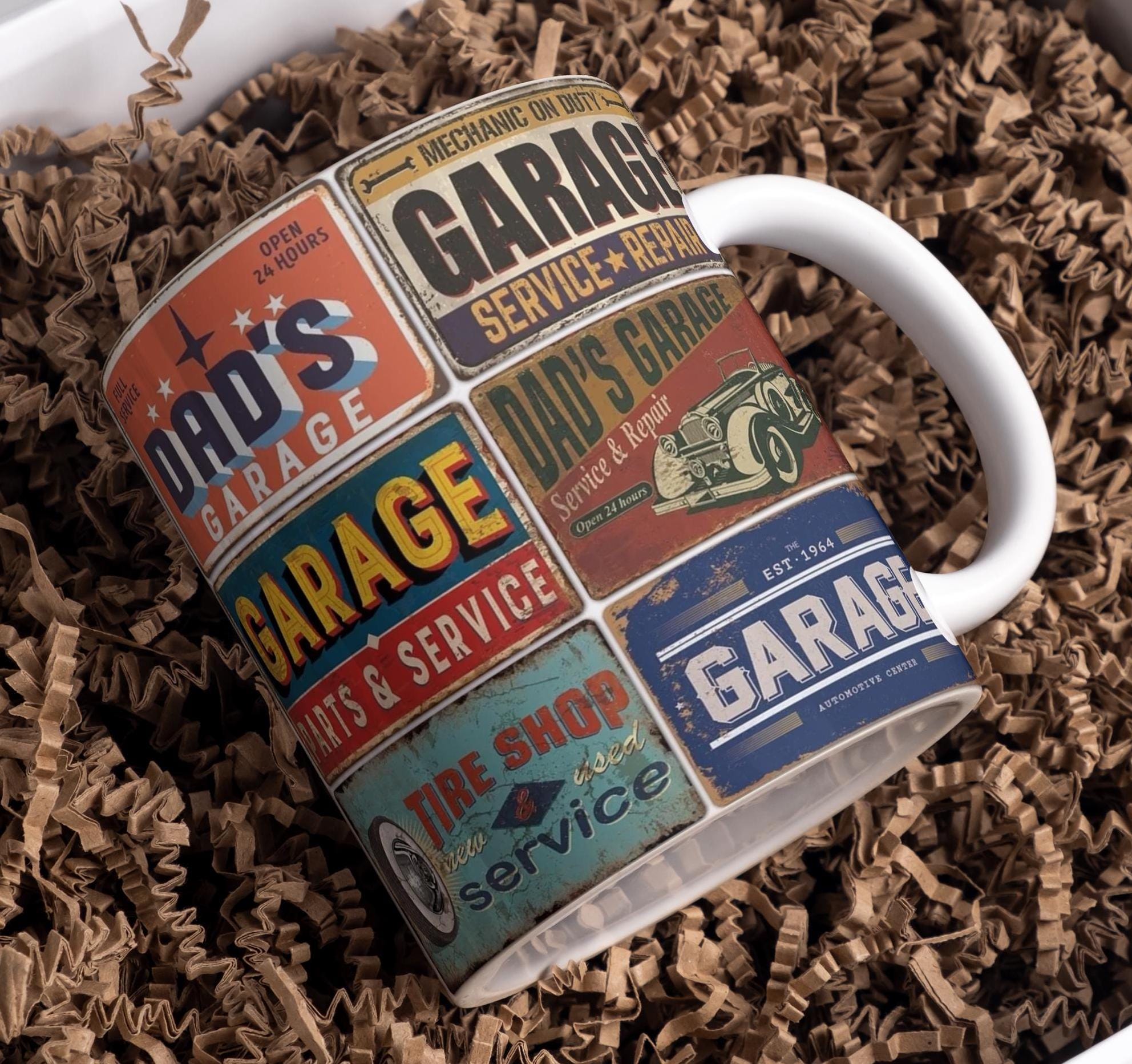 Dad Mechanic Garage Mug Wrap Around Mug Design 11oz, 15oz, Sublimation, Dad, Mechanic Auto Service, Vintage Tinplate Retro, Garage Man Cave