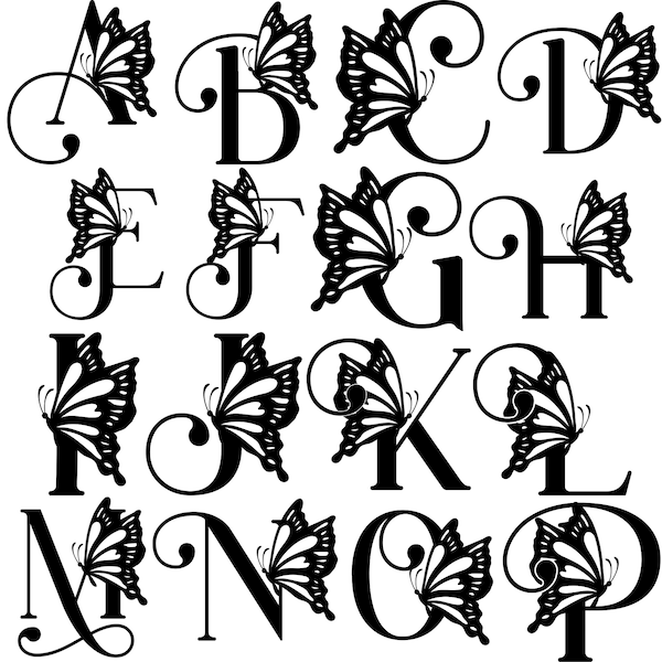 36 Butterfly Monogram Alphabet PNG Transparent Background, Cut File for Cricut, Silhouette, Sublimation, T-shirts, A-Z, 0-9 Instant Download