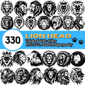 Löwe Clipart 330 SVG PNG Bundle, Wilder Löwe Tattoo, König der Bestie, majestätischer Löwenkopf Vektor, Cricut & Silhouette Cut Files, König des Dschungels
