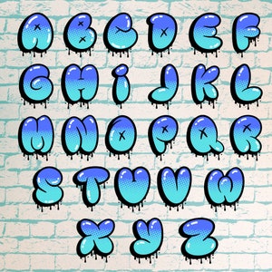 26 PNG Letras Graffiti Azul Claro Gotejamento Alfabeto PNG Fundo Transparente, Cricut, Sublimação, DTF, Camiseta, Arquivos A-Z Download Instantâneo