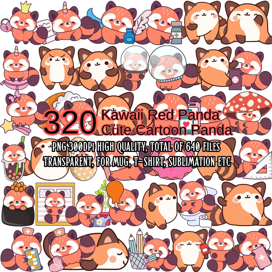 320 Cute Kawaii Red Panda PNG SVG Bundle, Red Panda Clipart, Panda ...