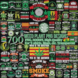 Peut inclure: Une collection de 700 designs PNG de plantes de cannabis, pour t-shirts, mugs, etc. Les designs présentent divers graphiques et textes liés au cannabis, sur fond noir.