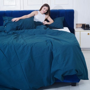 Dark Green Linen Duvet Cover Set: Softened Queen Comforter, 2 Pillowcases