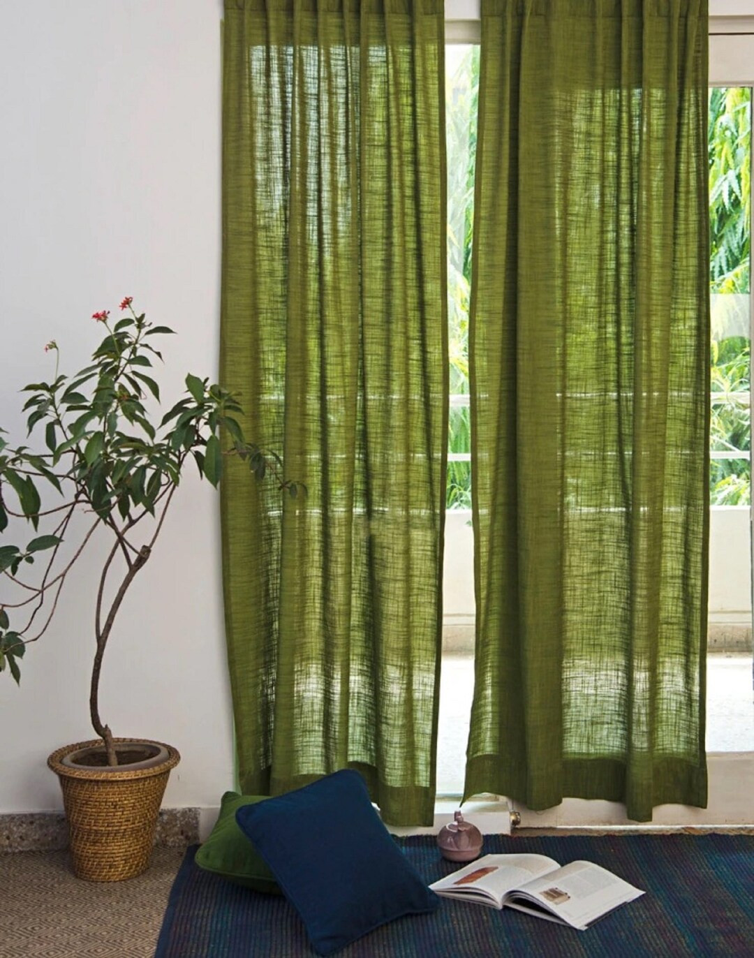 moss-green-linen-curtainlinen-window-curtain-two-panel-rod-etsy