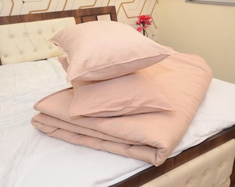 Cubierta de edredón de lino Ropa de cama Dusty Blush Juego de cubierta de edredón -Cubierta de edredón rosa claro con fundas de almohada - Ropa de cama Boho Ropa de cama Queen King Tamaño personalizado