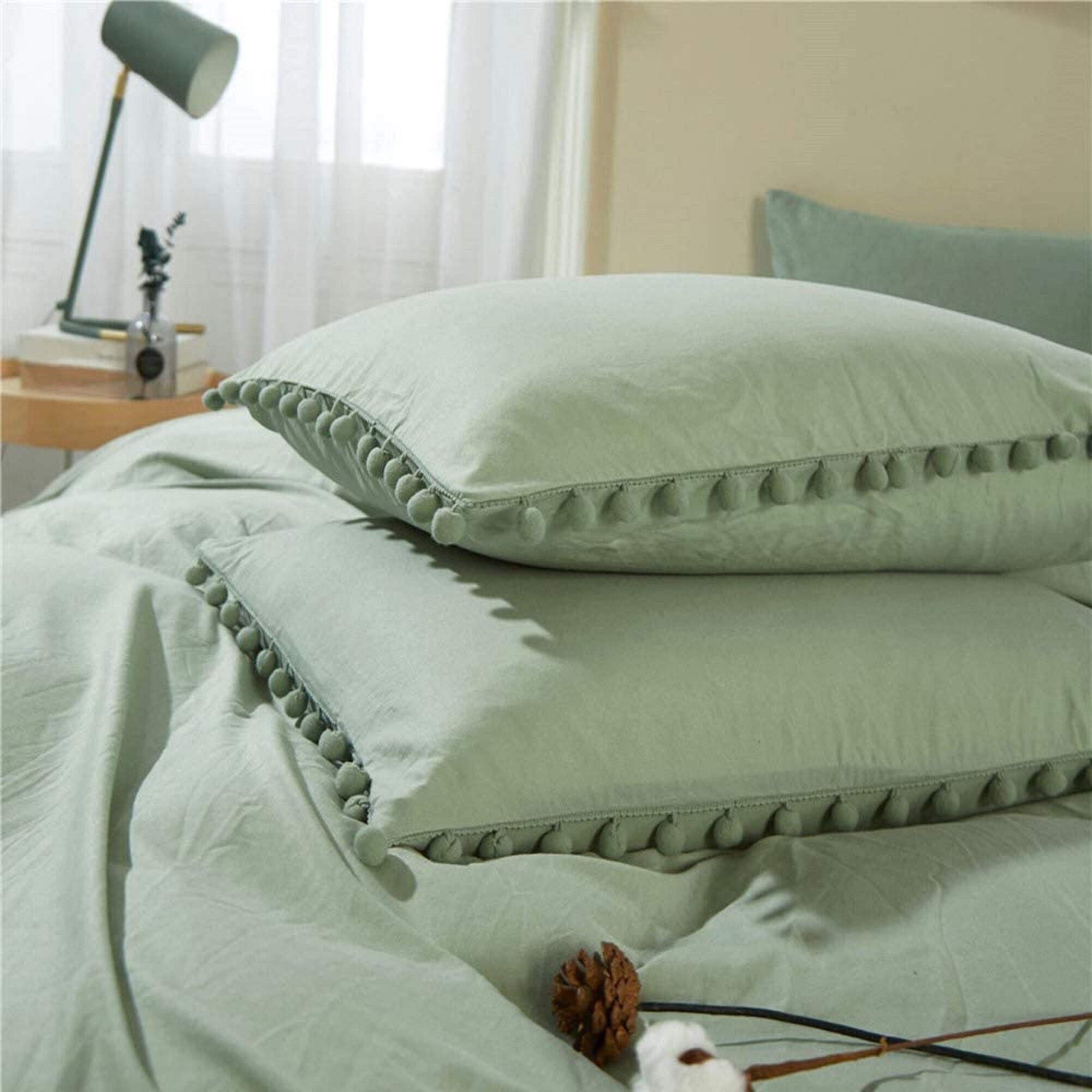 Pom Pom Cotton Duvet Cover in Sage Green Bedding Set Pom Pom Bedding