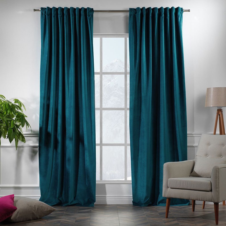 Dark Teal Blue Velvet Curtain Two Panel Velvet Curtain Extra Long Velvet Window Drapery Rod ...