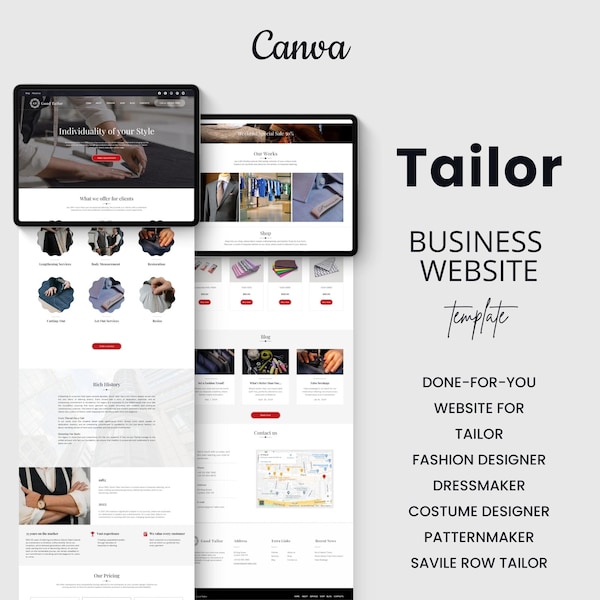 Tailor Website Template Canva Website Dressmaker Fashion Designer Business Website Canva Template