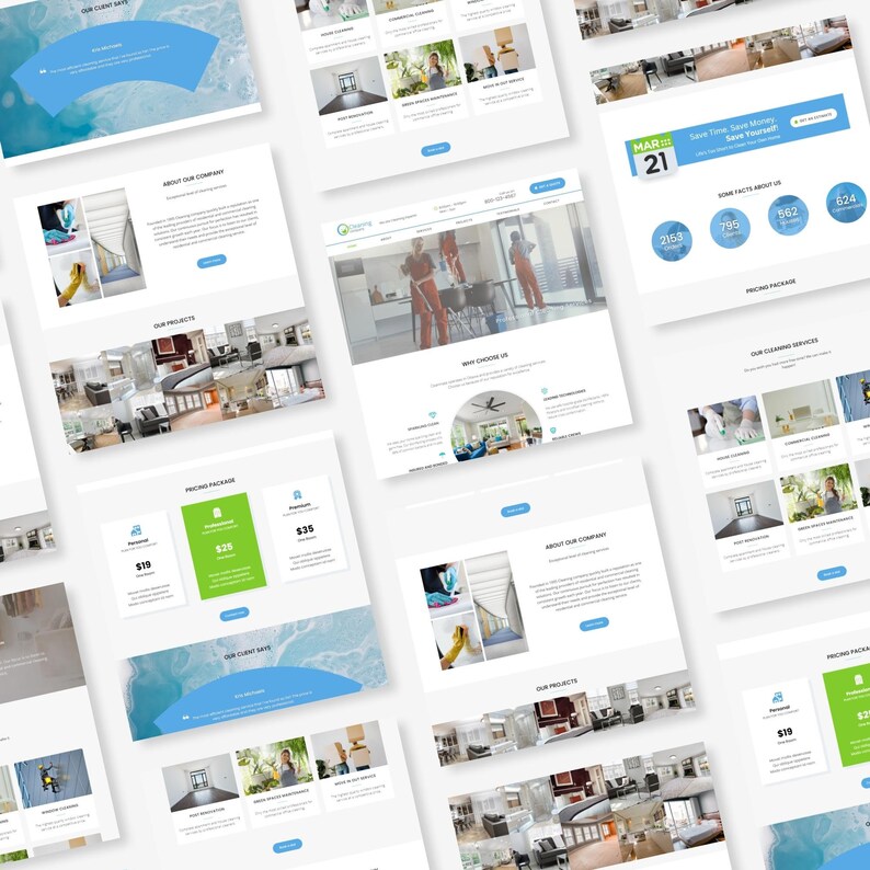 Puede incluir: Capturas de pantalla del sitio web de una empresa de limpieza. El sitio web presenta im&aacute;genes de profesionales de la limpieza, paquetes de precios e informaci&oacute;n sobre los servicios de la empresa. El sitio web tambi&eacute;n incluye una llamada a la acci&oacute;n para reservar un servicio de limpieza.