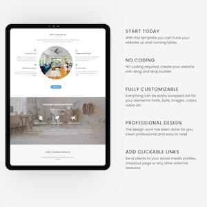 Puede incluir: Una plantilla de sitio web para servicios de limpieza. La plantilla presenta un dise&ntilde;o limpio y profesional con un creador de arrastrar y soltar. Es completamente personalizable e incluye enlaces clicables a perfiles de redes sociales, p&aacute;ginas de pago y otros recursos externos. La plantilla es f&aacute;cil de usar y no requiere codificaci&oacute;n.