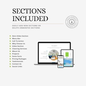Puede incluir: Una captura de pantalla de una plantilla de dise&ntilde;o de sitio web para un negocio de limpieza. La plantilla incluye secciones para un video de h&eacute;roe, una barra de men&uacute;, una llamada a la acci&oacute;n, por qu&eacute; elegirnos, una secci&oacute;n de video, servicios de limpieza, acerca de nosotros, proyectos, algunos datos, paquetes de precios, testimonios, cont&aacute;ctenos y enlaces sociales. La plantilla se muestra en una computadora port&aacute;til, una tableta y un tel&eacute;fono.