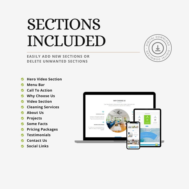Puede incluir: Una captura de pantalla de una plantilla de dise&ntilde;o de sitio web para un negocio de limpieza. La plantilla incluye secciones para un video de h&eacute;roe, una barra de men&uacute;, una llamada a la acci&oacute;n, por qu&eacute; elegirnos, una secci&oacute;n de video, servicios de limpieza, acerca de nosotros, proyectos, algunos datos, paquetes de precios, testimonios, cont&aacute;ctenos y enlaces sociales. La plantilla se muestra en una computadora port&aacute;til, una tableta y un tel&eacute;fono.