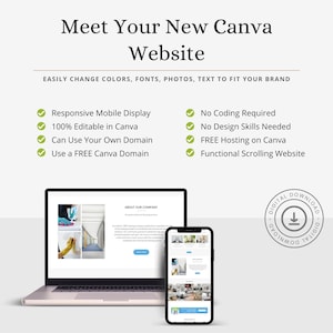 Puede incluir: Un port&aacute;til y un tel&eacute;fono m&oacute;vil que muestran una maqueta de sitio web para una empresa de limpieza. El sitio web est&aacute; dise&ntilde;ado en Canva y presenta un icono de marca de verificaci&oacute;n verde junto a cada una de las siguientes caracter&iacute;sticas: Pantalla m&oacute;vil adaptable, 100 % editable en Canva, Se puede usar su propio dominio, Usar un dominio Canva GRATIS, No se requiere codificaci&oacute;n, No se necesitan habilidades de dise&ntilde;o, Alojamiento GRATIS en Canva, Sitio web con desplazamiento funcional. El sitio web tambi&eacute;n incluye una secci&oacute;n titulada "Acerca de nuestra empresa".