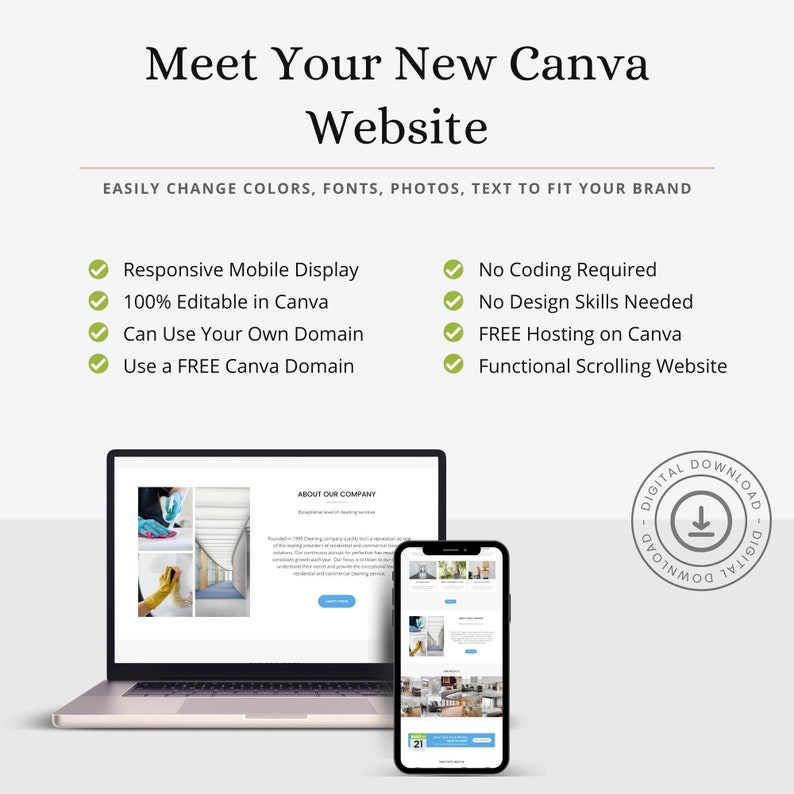Puede incluir: Un port&aacute;til y un tel&eacute;fono m&oacute;vil que muestran una maqueta de sitio web para una empresa de limpieza. El sitio web est&aacute; dise&ntilde;ado en Canva y presenta un icono de marca de verificaci&oacute;n verde junto a cada una de las siguientes caracter&iacute;sticas: Pantalla m&oacute;vil adaptable, 100 % editable en Canva, Se puede usar su propio dominio, Usar un dominio Canva GRATIS, No se requiere codificaci&oacute;n, No se necesitan habilidades de dise&ntilde;o, Alojamiento GRATIS en Canva, Sitio web con desplazamiento funcional. El sitio web tambi&eacute;n incluye una secci&oacute;n titulada "Acerca de nuestra empresa".