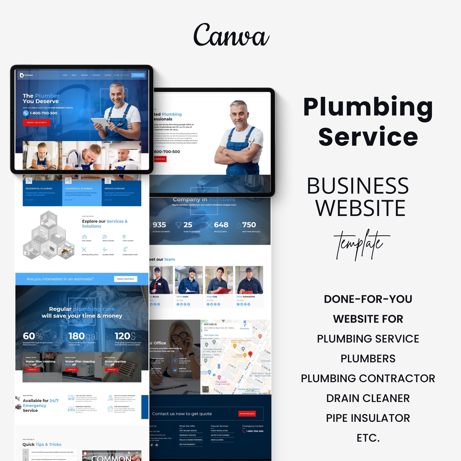 Plumbing Service Website Template for Small Businesses | Editable Canva