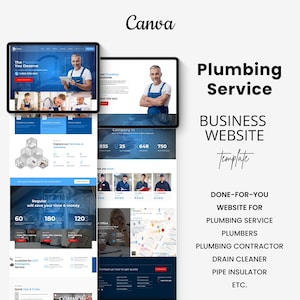 May include: A website template for plumbing services. The template features a blue and white colour scheme with images of plumbers and a map. The text on the page includes "Plumbing Service", "Business Website Template", "Done-For-You Website For Plumbing Service Plumbers", "Plumbing Contractor", "Drain Cleaner", "Pipe Insulator", and "ETC."