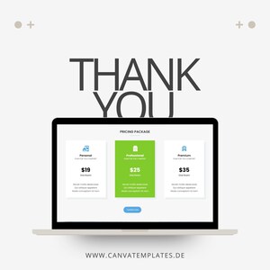 Puede incluir: Una pantalla de computadora port&aacute;til que muestra un paquete de precios para un sitio web. El paquete de precios tiene tres opciones: Personal, Profesional y Premium. Cada opci&oacute;n tiene un precio, una descripci&oacute;n y una lista de caracter&iacute;sticas. La direcci&oacute;n del sitio web es www.canvatemplates.de.