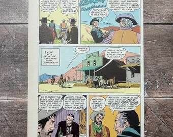 May include: A comic book panel depicting a scene from a Western story. The characters are cowboys and the setting is a frontier town. The text in the panel reads "Later, at a frontier town near High Chaparral..." and "Good! Years of remembering what he did to me...of finding him--/ Now I'm ready to move!"