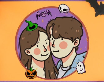 Portrait personnalisé, Portrait d'Halloween, Illustration de Couple mignon, Portrait fantasmagorique, Dessins d'Halloween, Cadeau de dessin gothique effrayant (FICHIER NUMÉRIQUE)